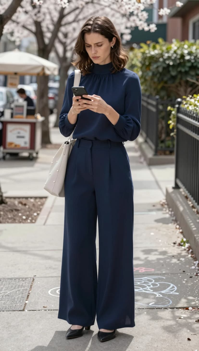 Navy Mock Neck Blouse + Navy Wide-Leg Trousers + Cream Tote + Black Pumps