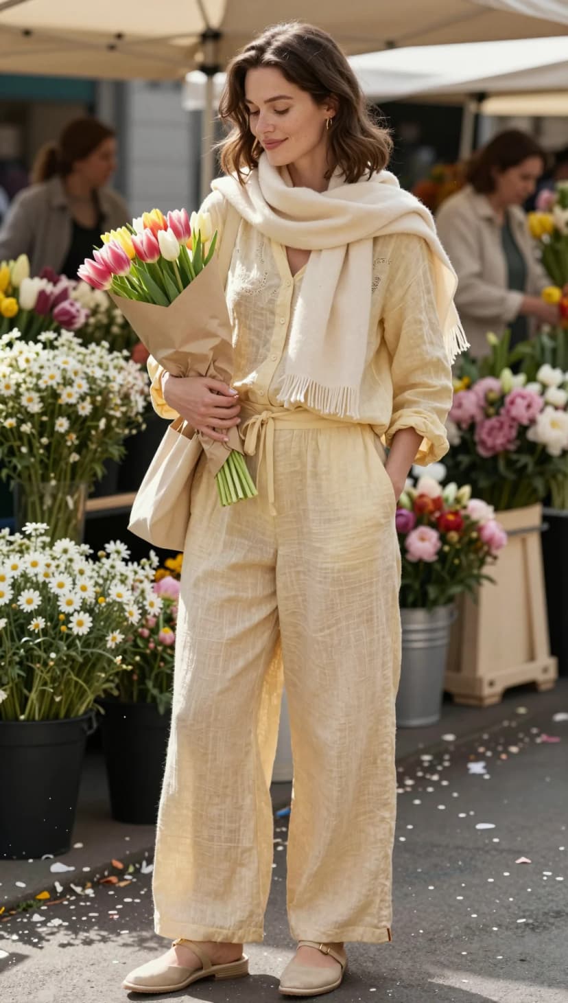 Beige Linen Jumpsuit + Cream Cashmere Scarf + Beige Suede Mules