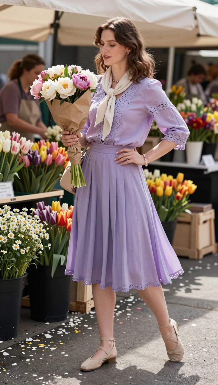 Lavender Lace Blouse + Lavender Cropped Trousers + Knit Shawl + Beige Loafers