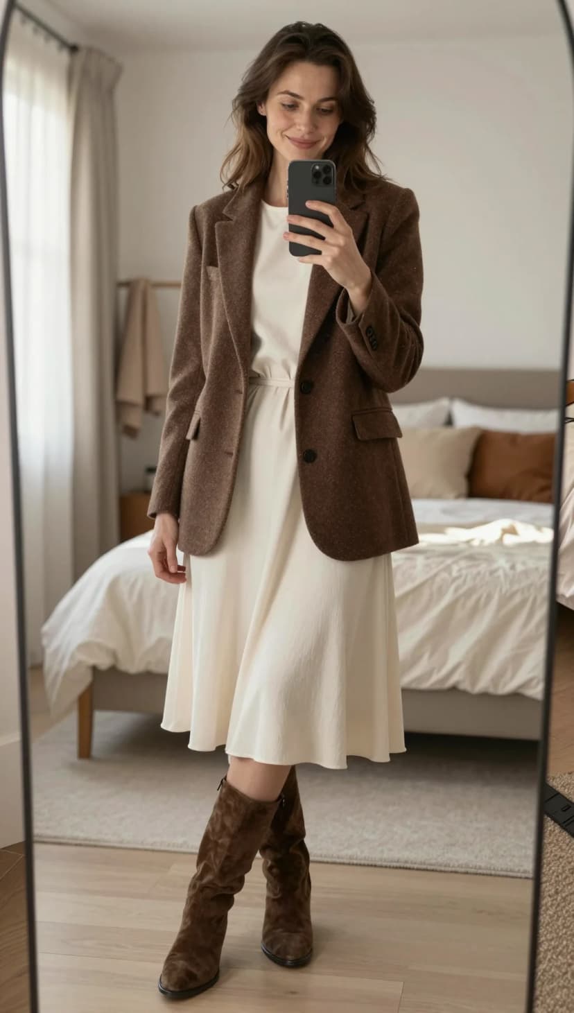 Cream Silk Midi Dress + Brown Wool Blazer + Brown Suede Knee-High Boots