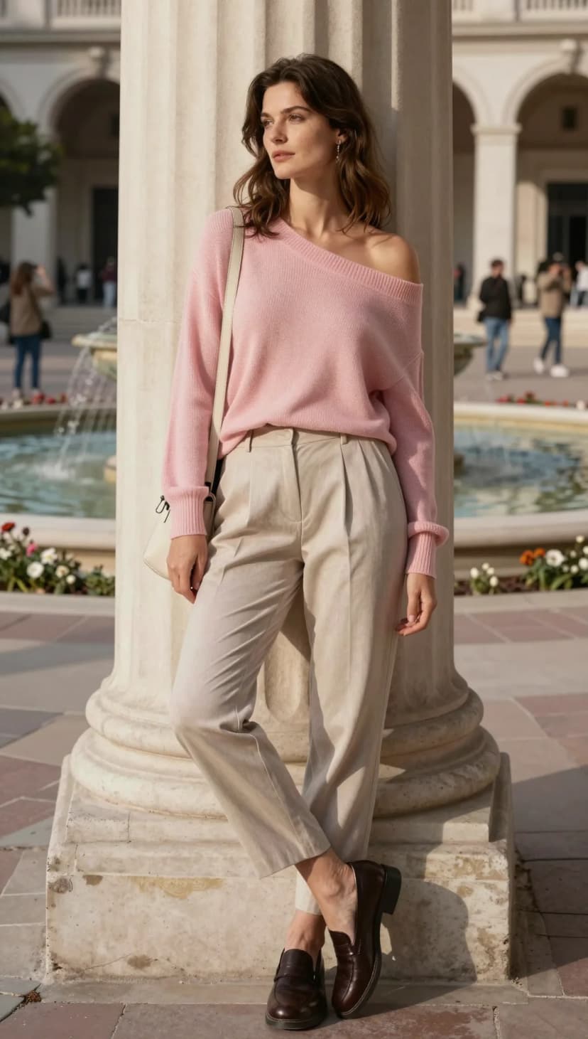 Baby Pink Knit Sweater + Beige Wool Trousers + Chocolate Loafers