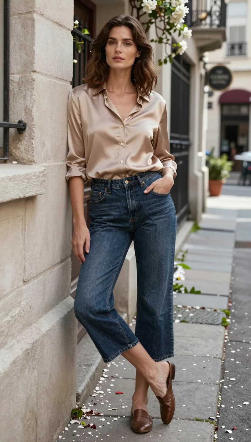 Champagne Silk Button-Down + Dark Wash Cropped Jeans + Cognac Loafers