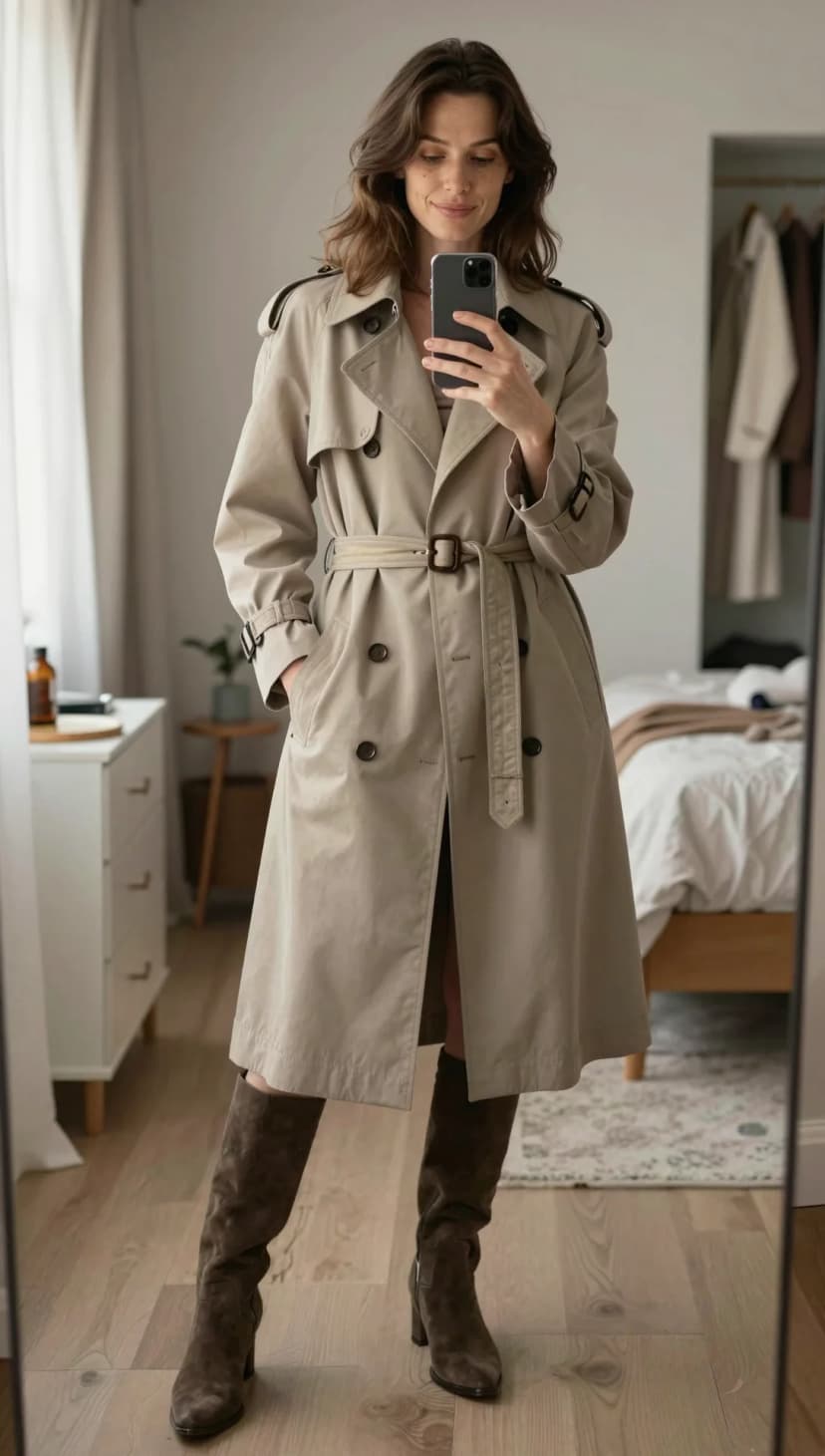 Beige Trench Coat + Brown Suede Knee-High Boots