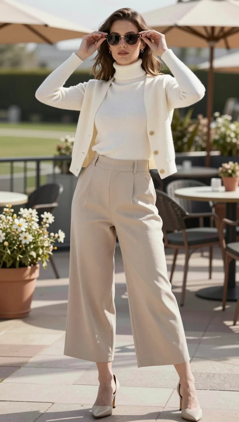 Cream Knit Turtleneck + Cream Cardigan + Beige Wool Culottes