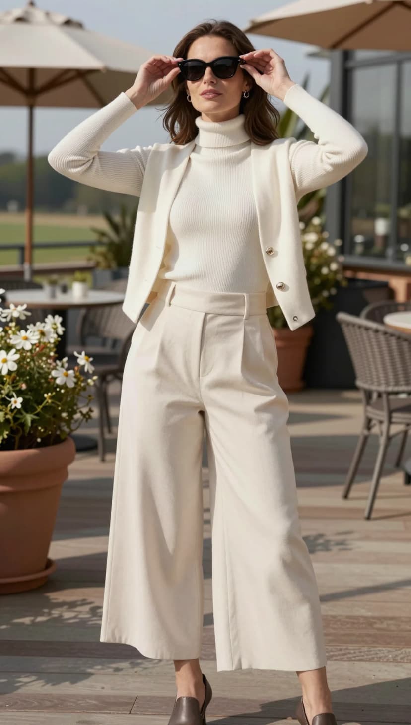 Cream Knit Turtleneck + Cream Cardigan + Beige Wool Culottes