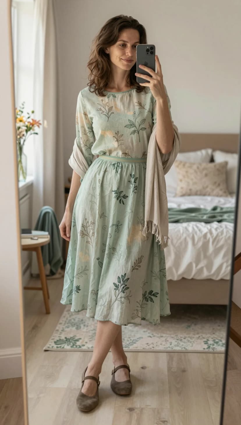 Mint Floral Midi Dress + Taupe Mary Janes