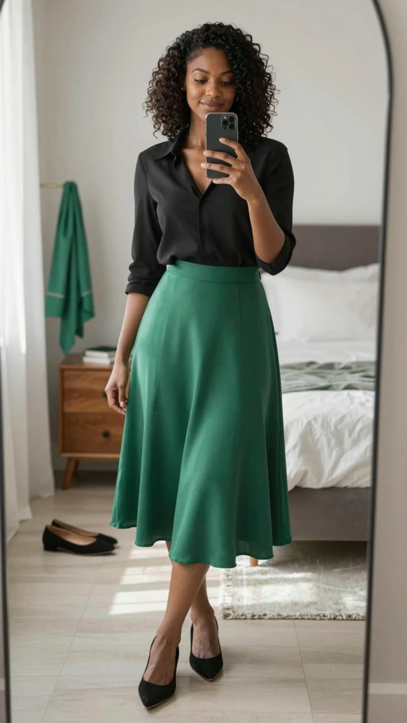 Black Silk Button-Down + Emerald A-Line Midi Skirt + Black Suede Pointed Heels