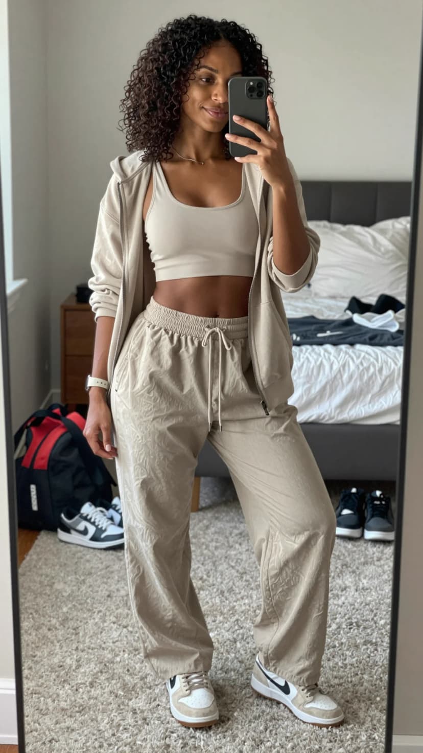 Beige Sports Bra + Beige Zip-Up Hoodie + Khaki Cargo Pants + White and Beige Sneakers