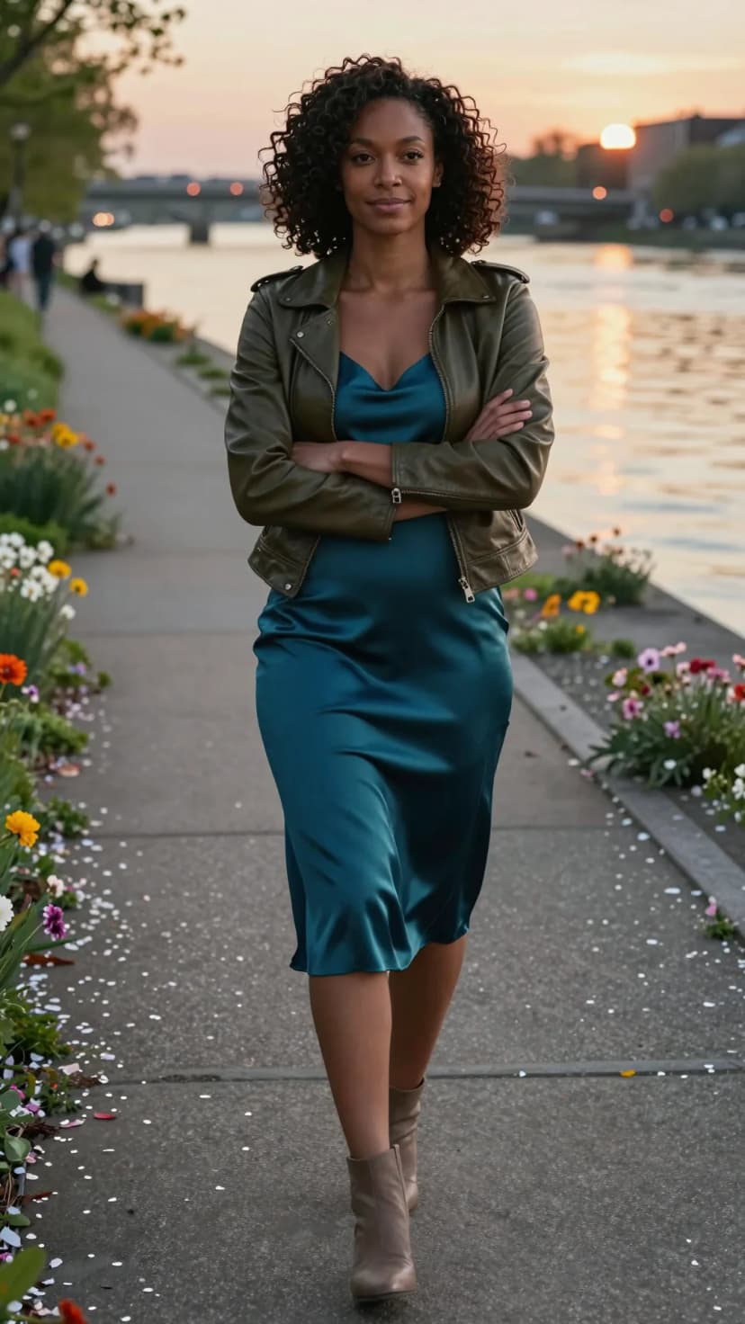 Olive Faux Leather Moto Jacket + Teal Satin Midi Dress + Taupe Suede Ankle Boots