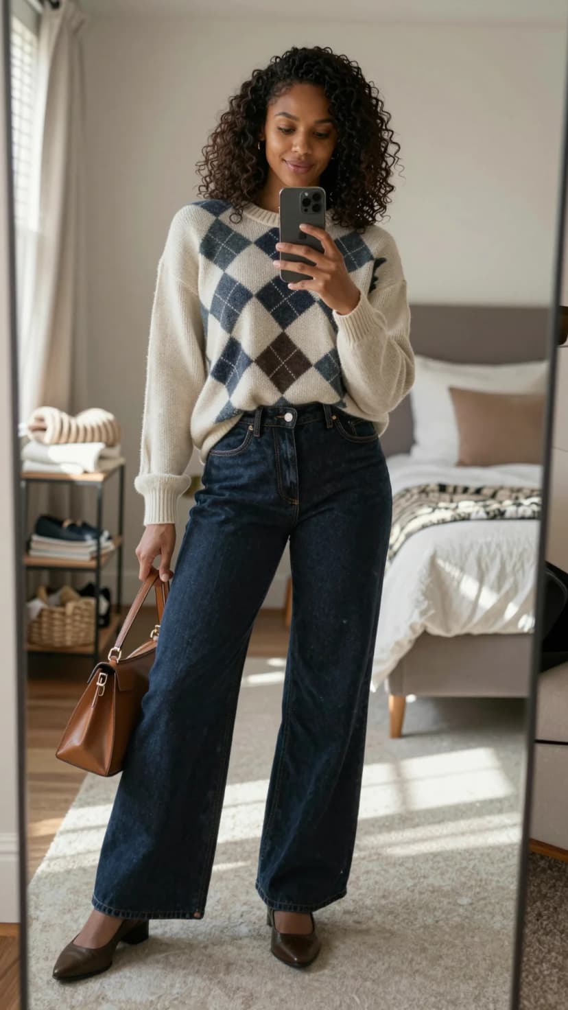 Cream Argyle Sweater + Dark Wash Wide Leg Jeans + Brown Block Heels