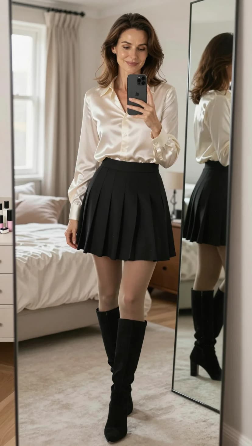 Cream Satin Button-Down Shirt + Black Pleated Mini Skirt + Black Suede Knee-High Boots