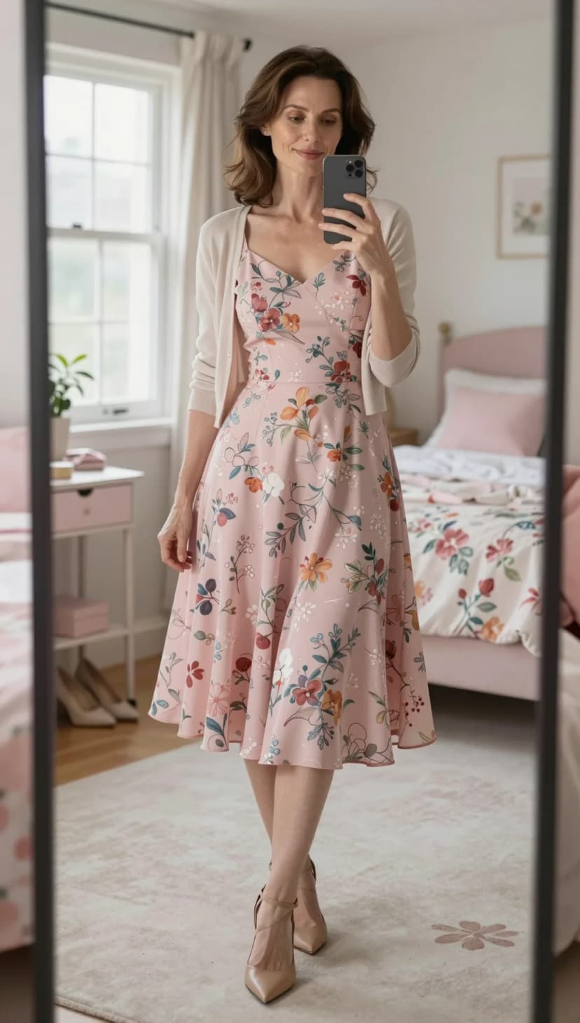 Pink Floral Midi Dress + Beige Cardigan
