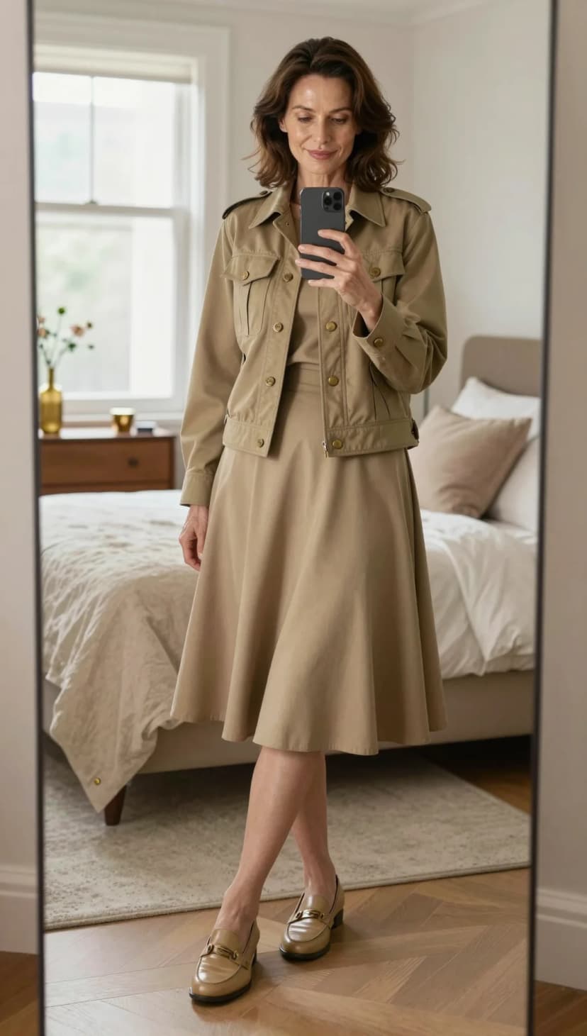 Camel Cotton Utility Jacket + Camel Cotton Midi Skirt + Camel Leather Loafers