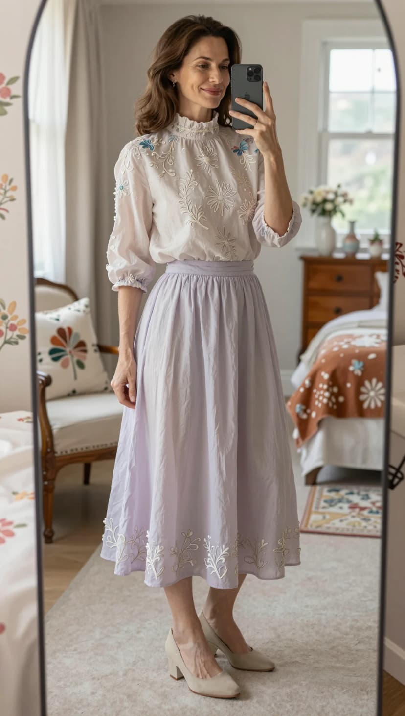 White Embroidered Blouse + Lavender Cotton Maxi Skirt + Beige Suede Heels