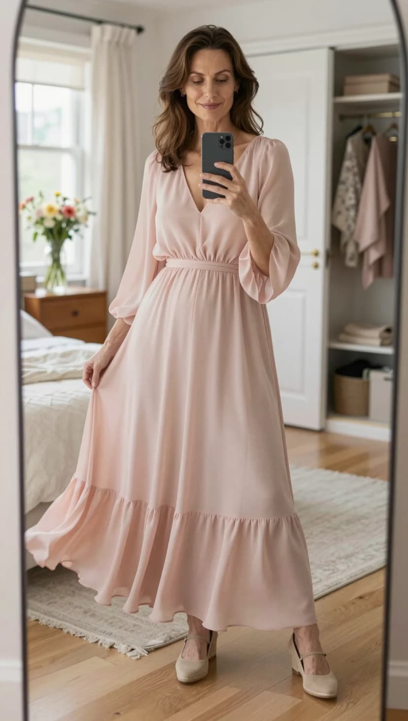 Blush Chiffon Maxi Dress + Beige Suede Wedge Heels