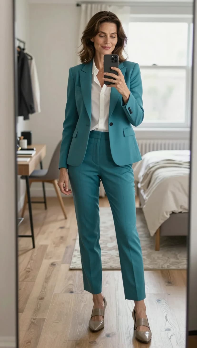Teal Wool Suit + White Silk Blouse + Taupe Leather Pumps