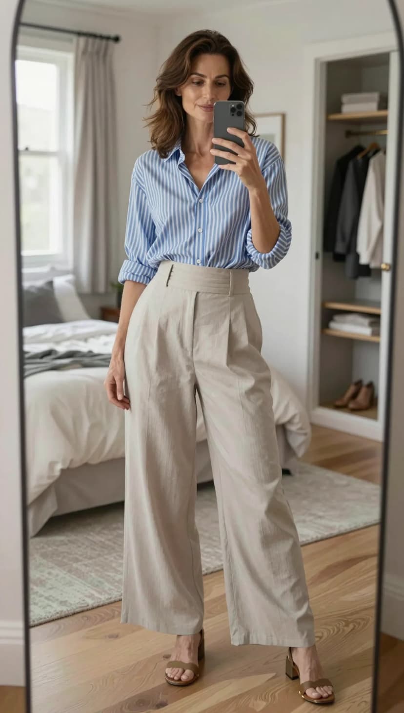 Blue Striped Cotton Button-Down Shirt + Beige Linen Wide-Leg Trousers + Tan Block Heel Sandals