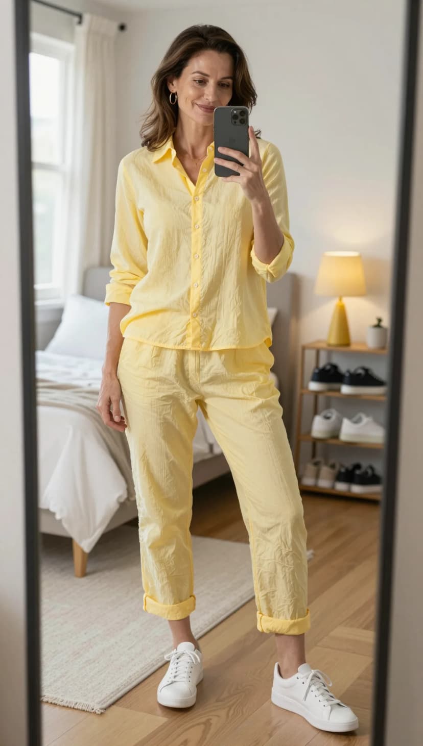 Yellow Textured Cotton Shirt + Yellow Textured Cotton Trousers + White Leather Sneakers
