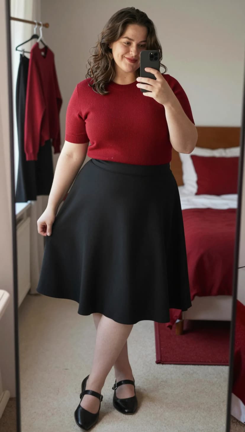 Red Ribbed Knit Top + Black A-Line Midi Skirt + Black Mary Jane Flats