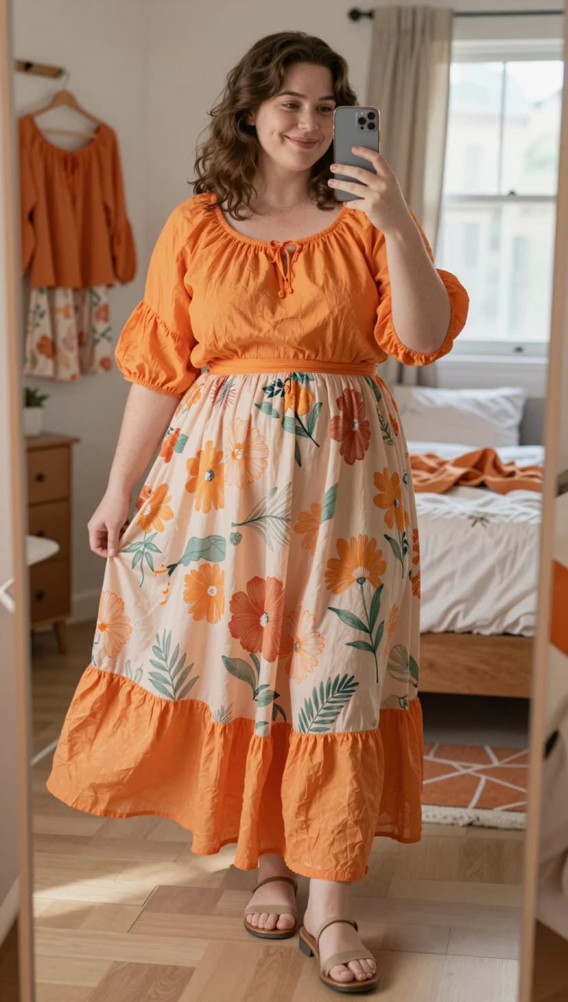 Orange Cotton Tie-Neck Crop Top + Cream Floral Print Midi Skirt + Tan Slide Sandals