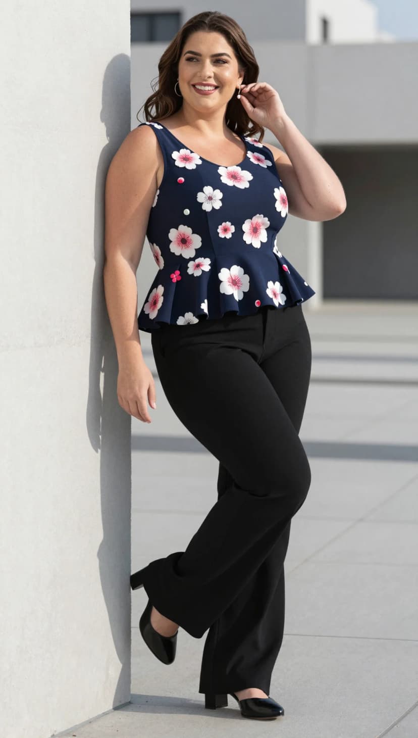 Navy Floral Peplum Top + Black Wide-Leg Trousers + Black Block Heels