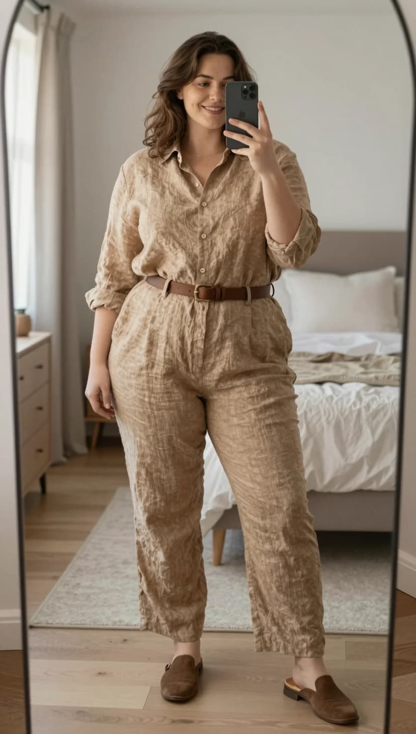 Tan Linen Button-Down Jumpsuit + Brown Leather Belt + Brown Suede Mules