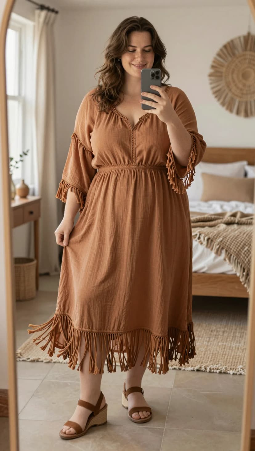 Brown Gauze Tiered Fringe Midi Dress + Brown Wedge Sandals