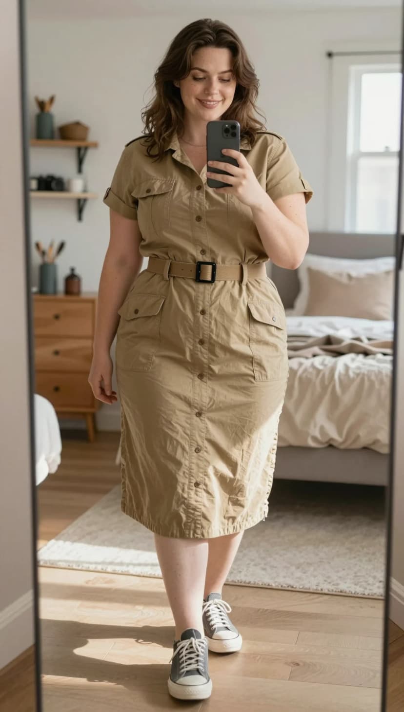 Khaki Cotton Utility Dress + Grey Canvas Sneakers