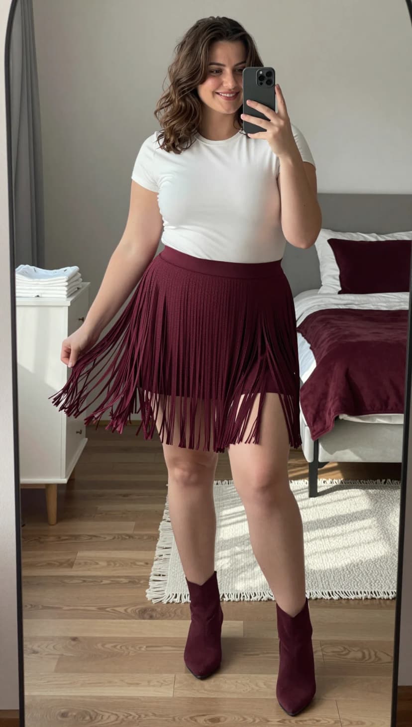 White Ribbed T-Shirt + Burgundy Fringed Mini Skirt + Burgundy Suede Ankle Boots