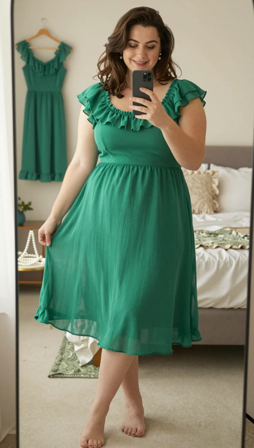 Emerald Chiffon Ruffle Dress