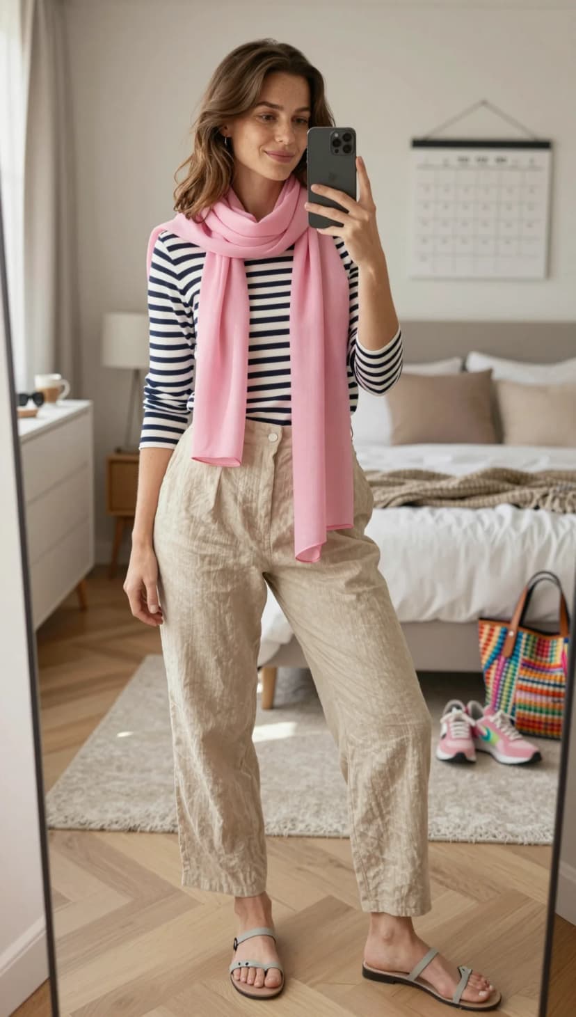 Navy Striped Long Sleeve Top + Beige Linen Trousers + Pink Pashmina Scarf + Grey Leather Sandals