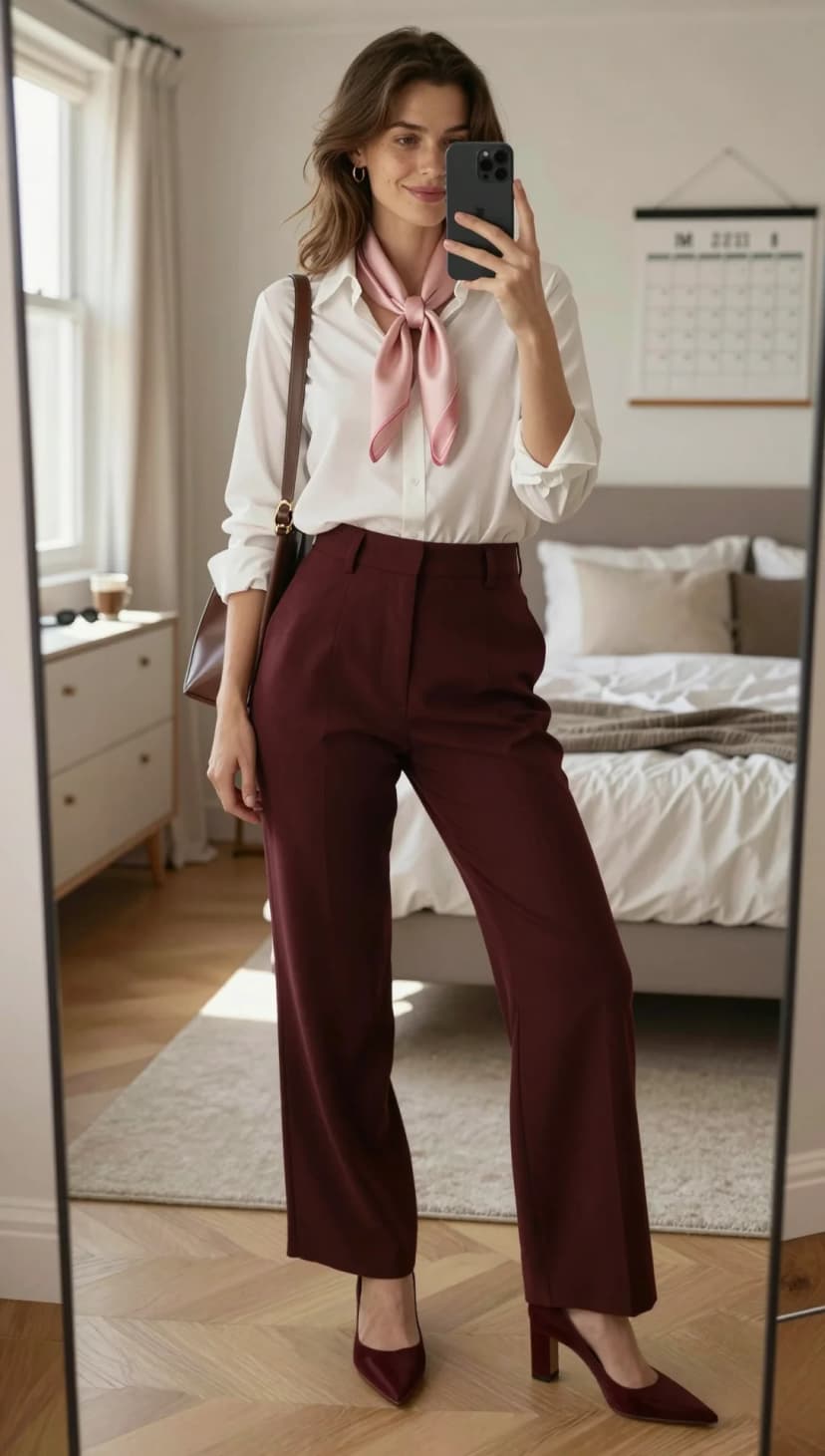 White Silk Button-Down + Burgundy Wool Wide-Leg Trousers + Pink Silk Scarf + Burgundy Velvet Heels