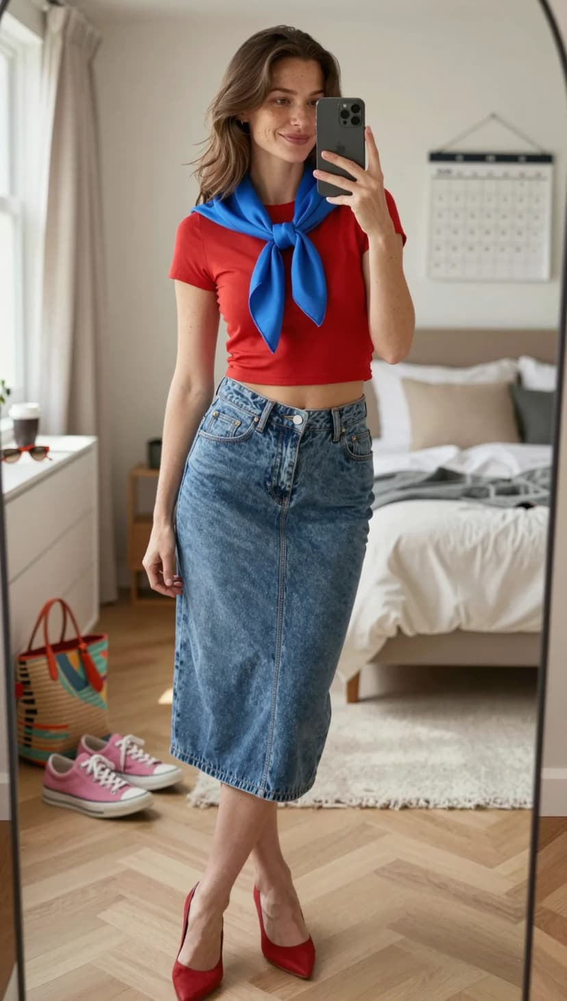Red Cotton Tee + Royal Blue Silk Scarf + Medium Wash Denim Midi Skirt + Red Suede Heels