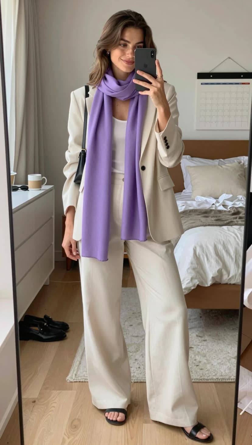 Cream Linen Blazer + Cream Wide-Leg Trousers + White Tank Top + Lavender Cashmere Scarf + Black Leather Slides
