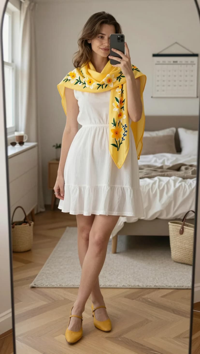 White Cotton Tiered Mini Dress + Yellow Floral Print Silk Scarf + Yellow Suede Mary Jane Flats