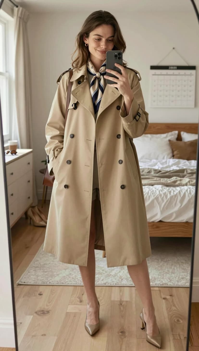 Beige Cotton Trench Coat + Striped Silk Scarf + Beige Shorts + Gold Heels