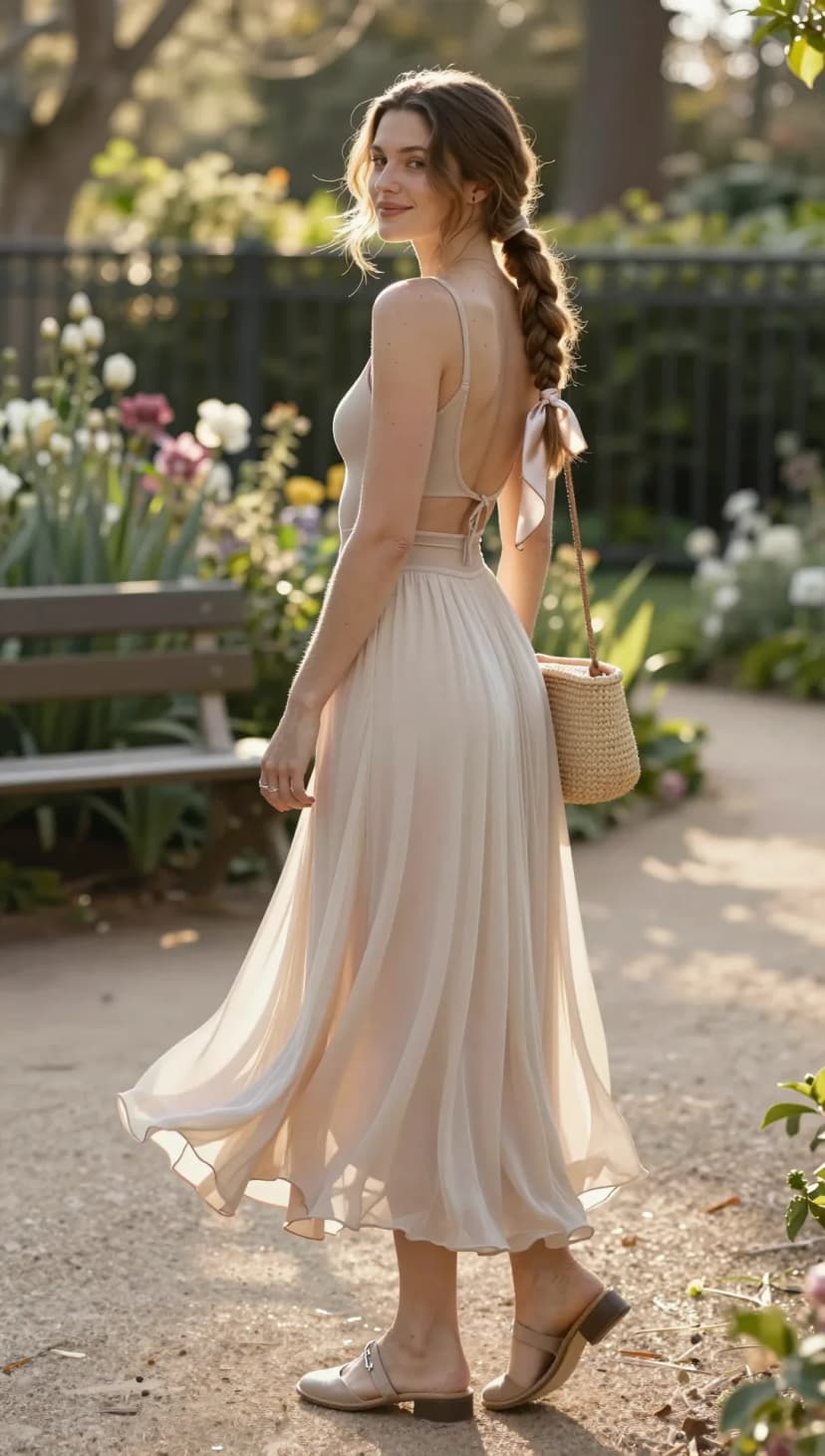 Beige Silk Camisole + Beige Chiffon Maxi Skirt + Tan Leather Mules + Straw Bucket Bag