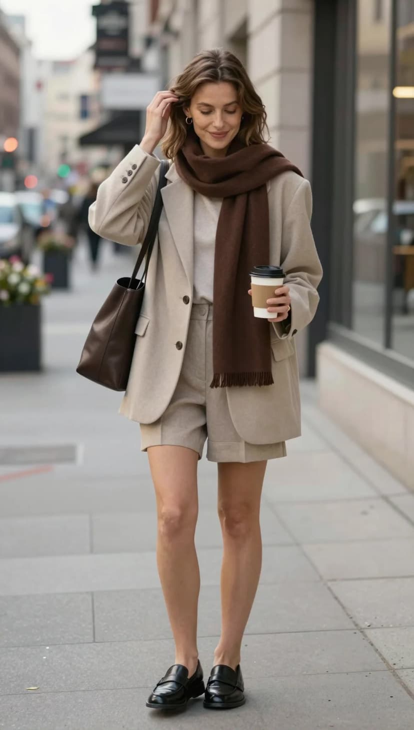 Beige Linen Blazer + Beige Linen Shorts + Brown Cashmere Scarf + Black Leather Loafers