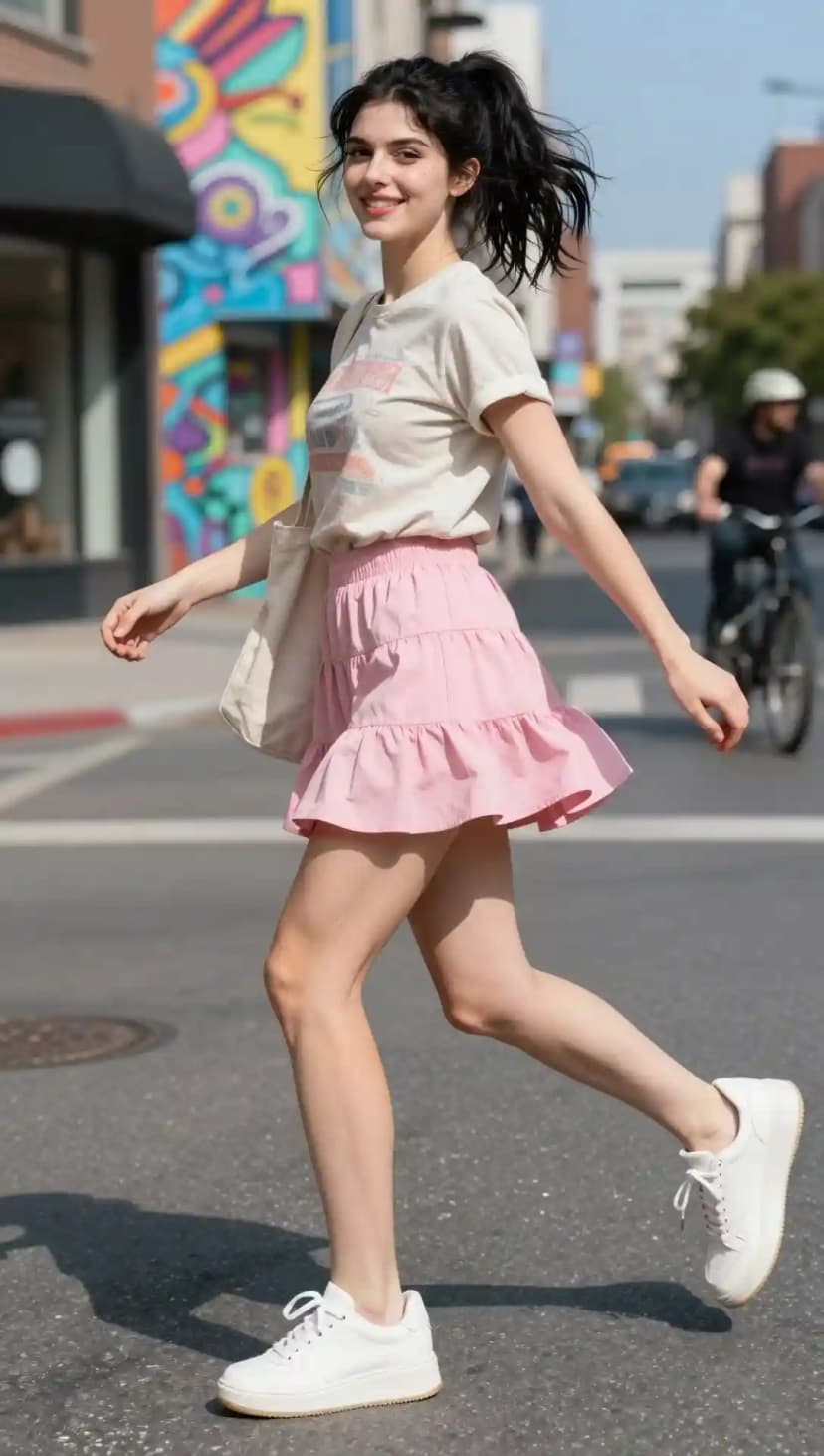 Blogger crossing street wearing pale cream vintage graphic tee, short tiered pink ruffle mini skirt, and white platform sneakers with gum soles