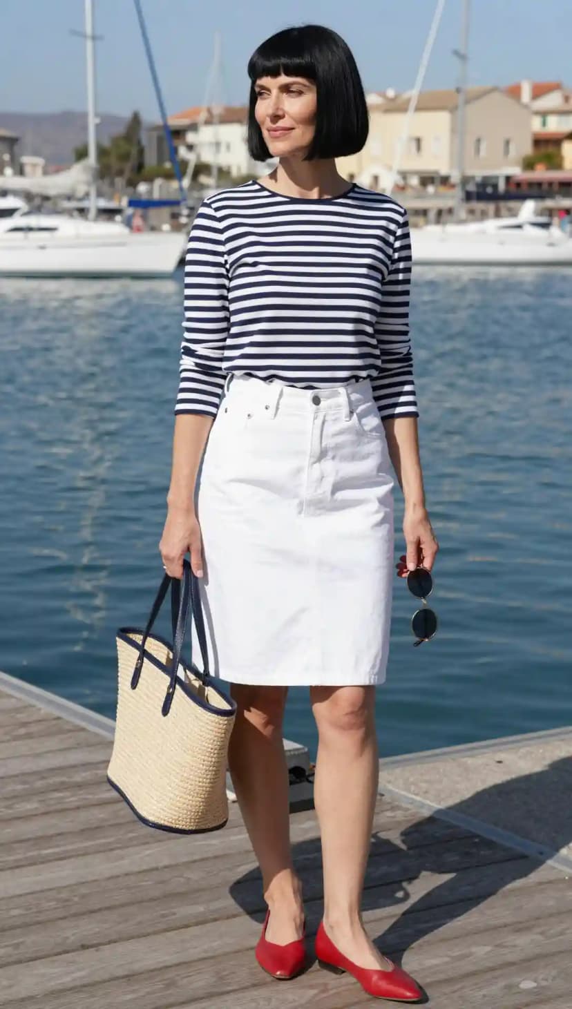 Woman standing by the water in a navy striped long sleeve top, white denim skirt, and red flats
