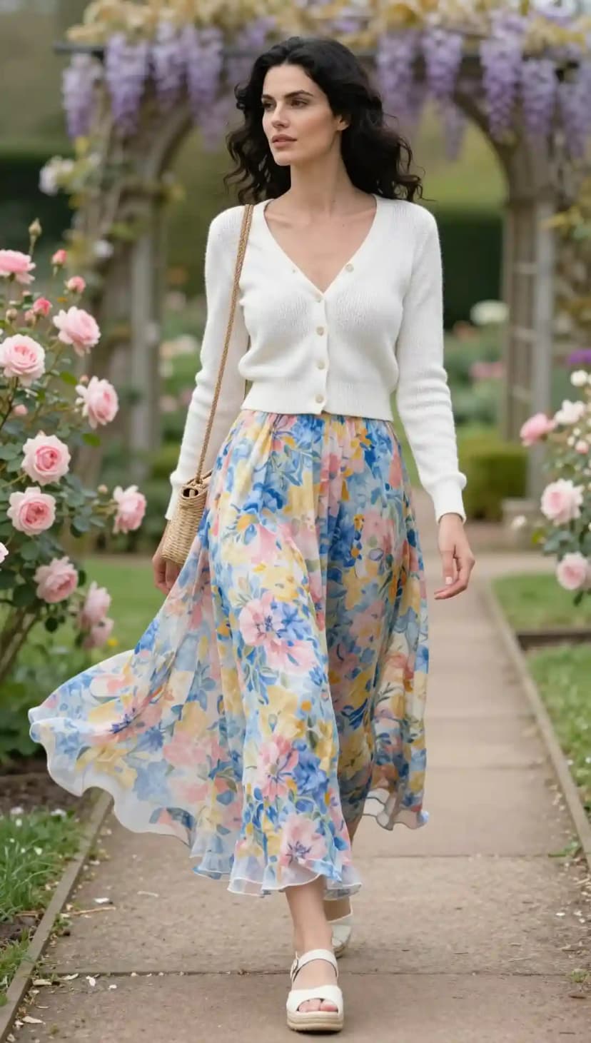 Woman walking in a garden wearing a white button-up cardigan and a flowy pastel floral chiffon skirt