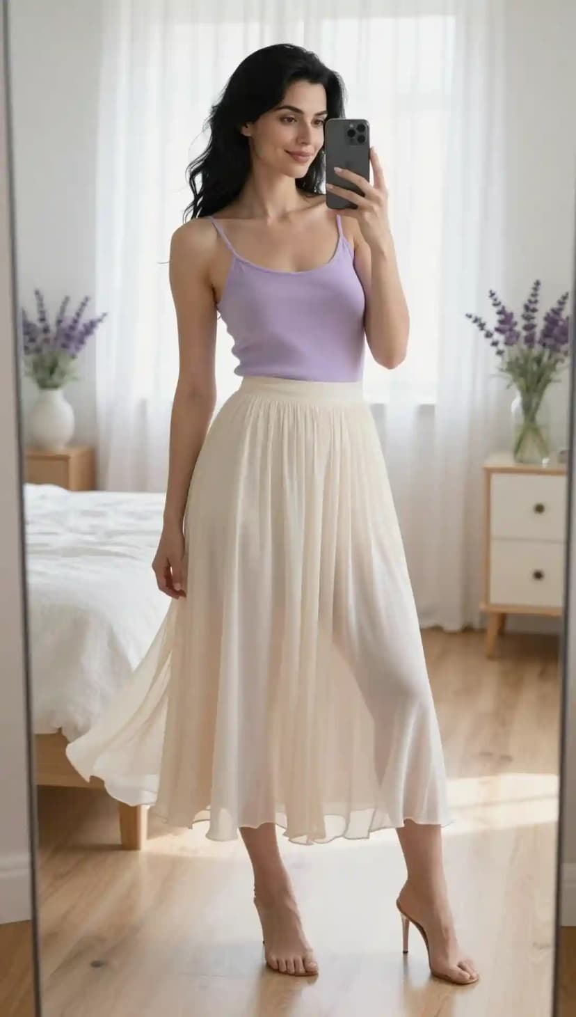 Elegant woman in a form-fitting lavender spaghetti strap tank and a flowing cream chiffon maxi skirt