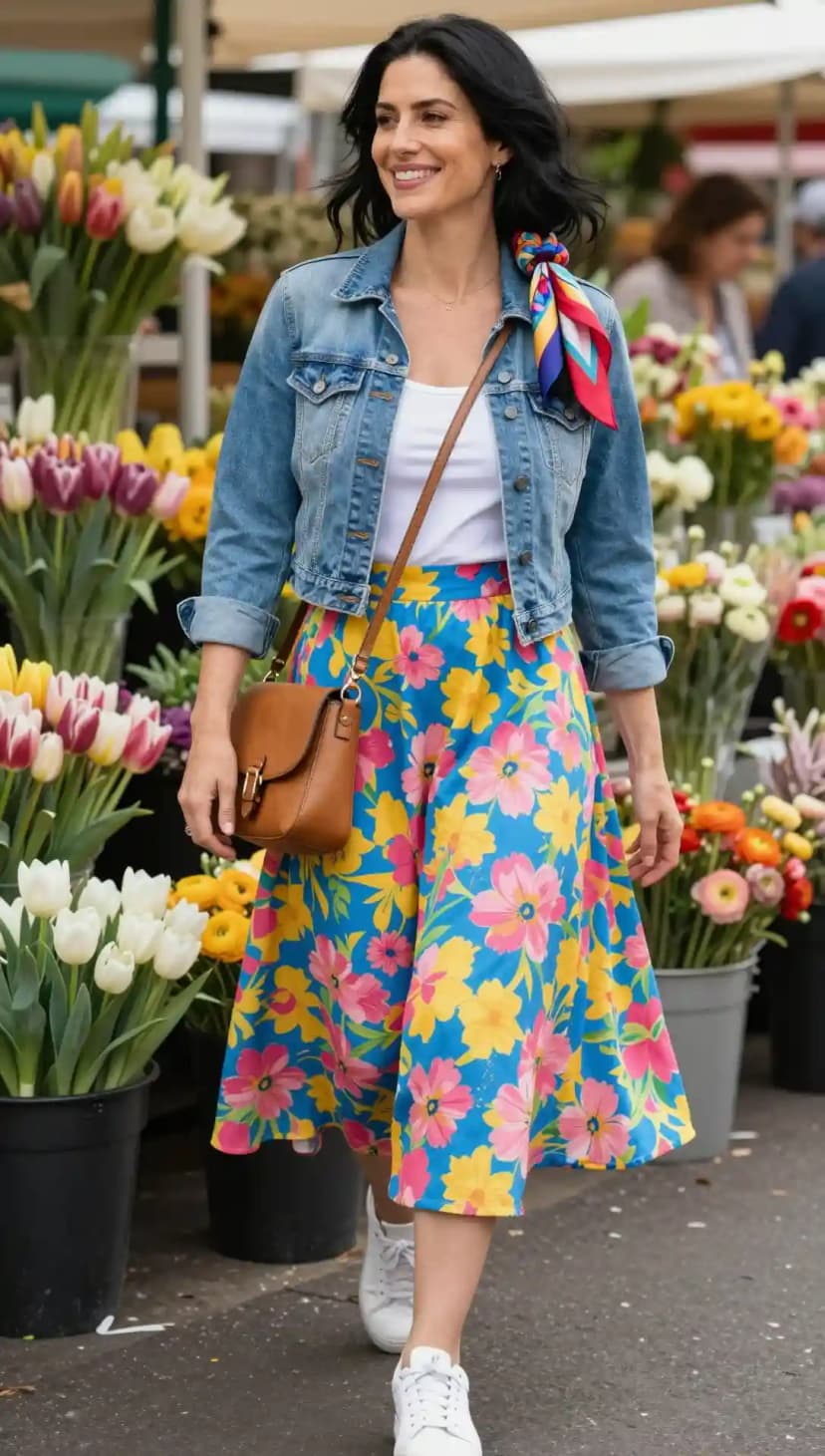 Blogger at market wearing medium wash denim jacket over white tee and vibrant blue floral pleated skirt with sneakers