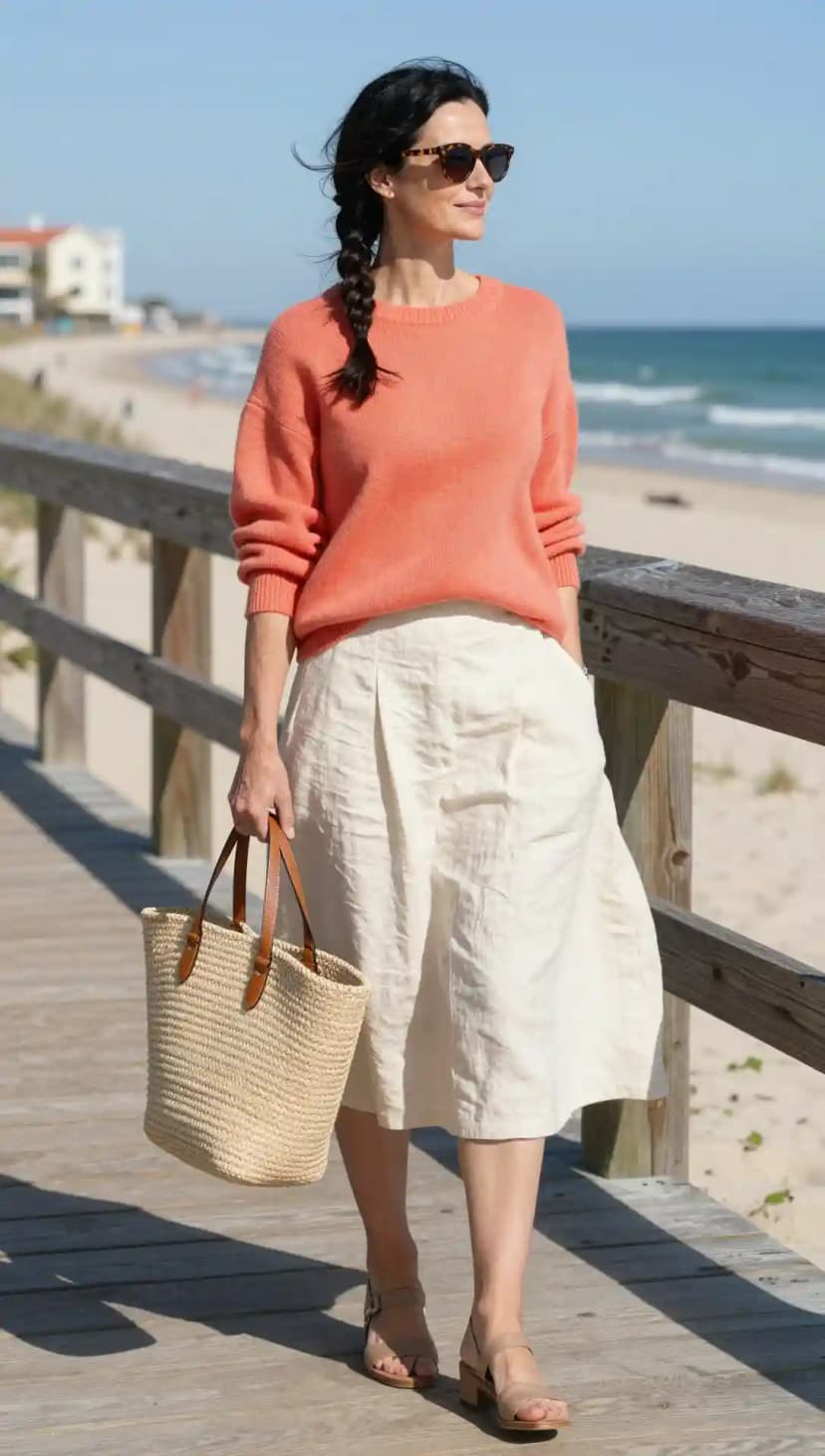 Model walking on beach boardwalk in coral orange knit sweater and cream linen midi skirt with straw tote bag