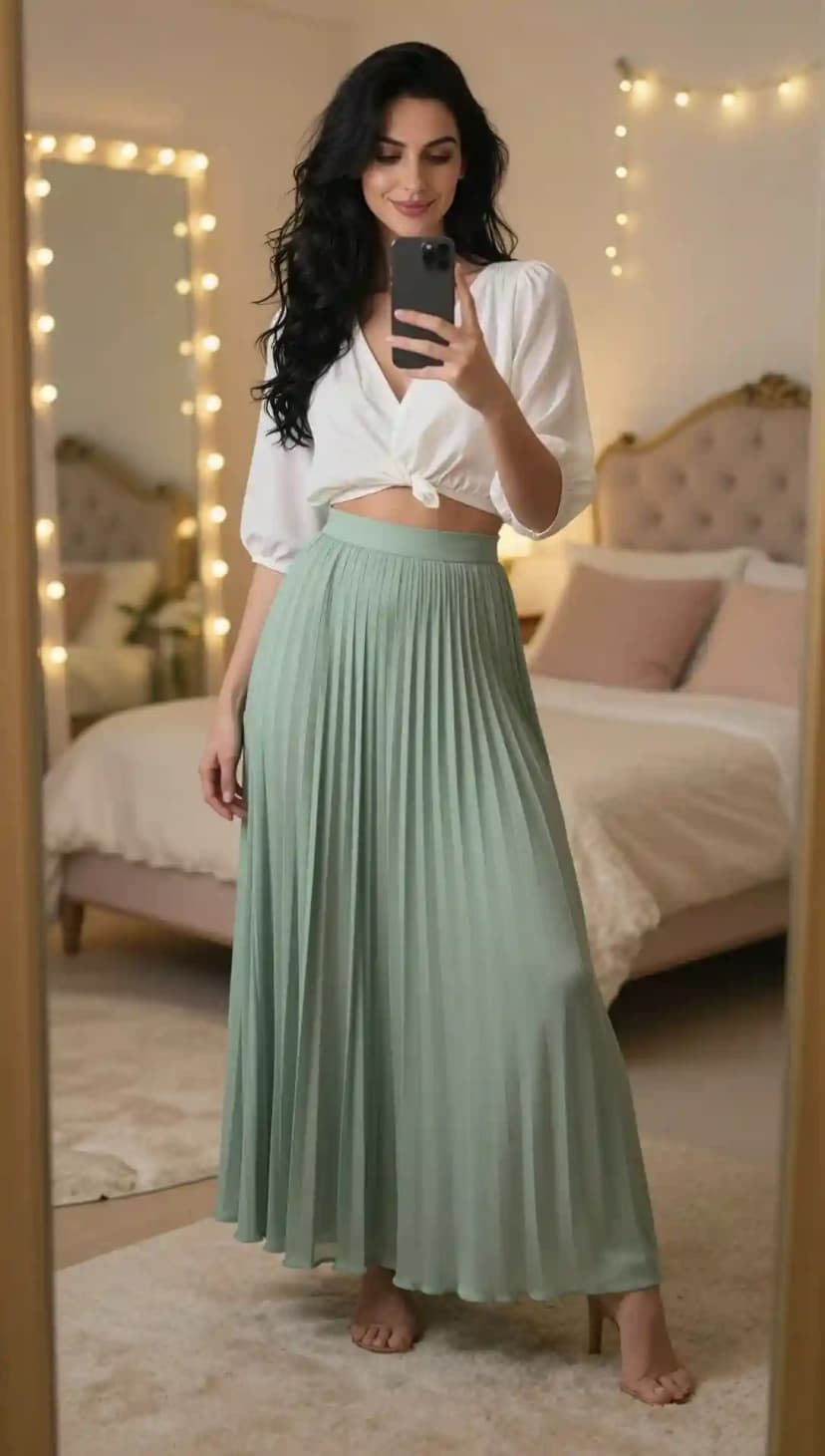 Fashion influencer in room setting wearing white short puff sleeve tie front blouse and high waisted accordion pleated sage green chiffon maxi skirt with nude heels