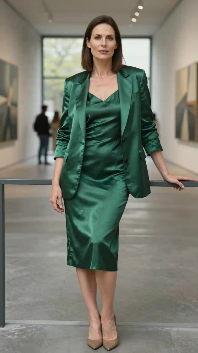 Green Satin Blazer + Green Satin Midi Dress
