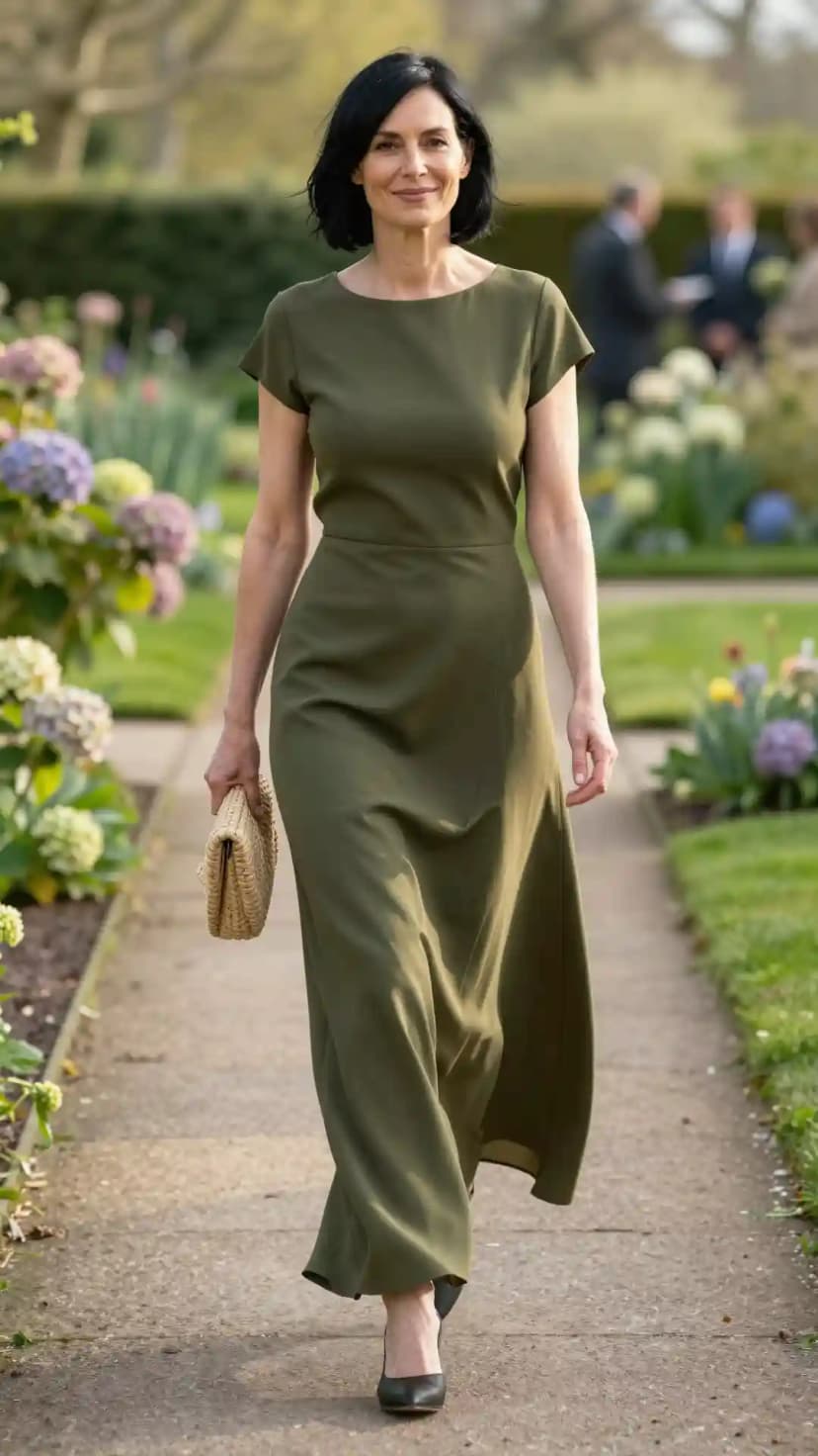 Olive Crepe Cap Sleeve Dress