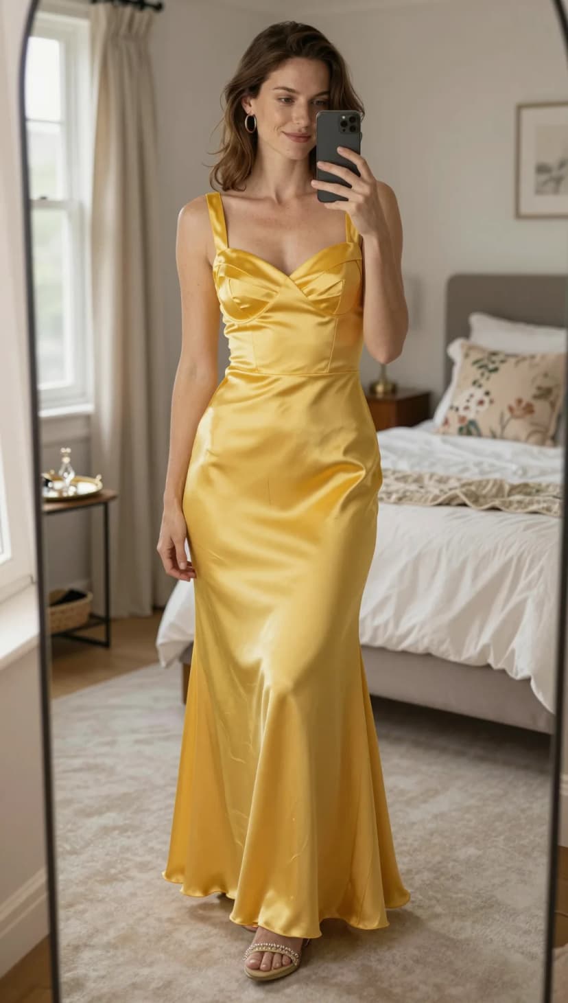 Yellow Satin Cowl Neck Maxi Dress + Embellished Flat Sandals