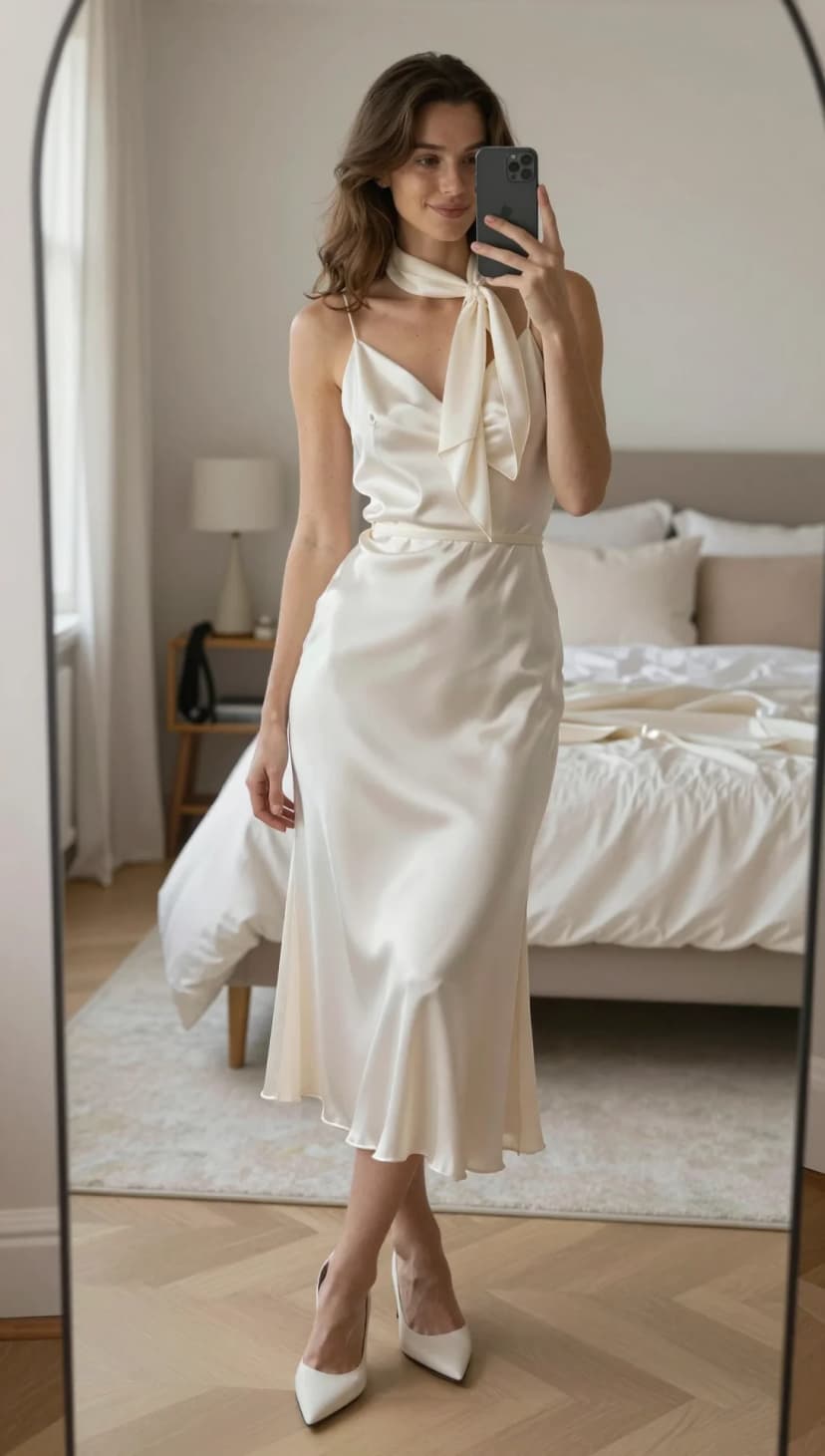 Ivory Satin Slip Dress + Ivory Pointed-Toe Heels