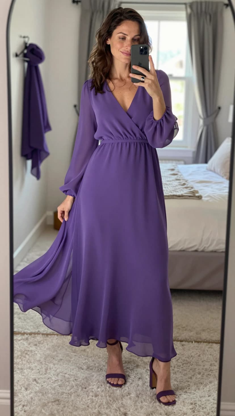 Purple Chiffon Maxi Dress + Purple Suede Heels